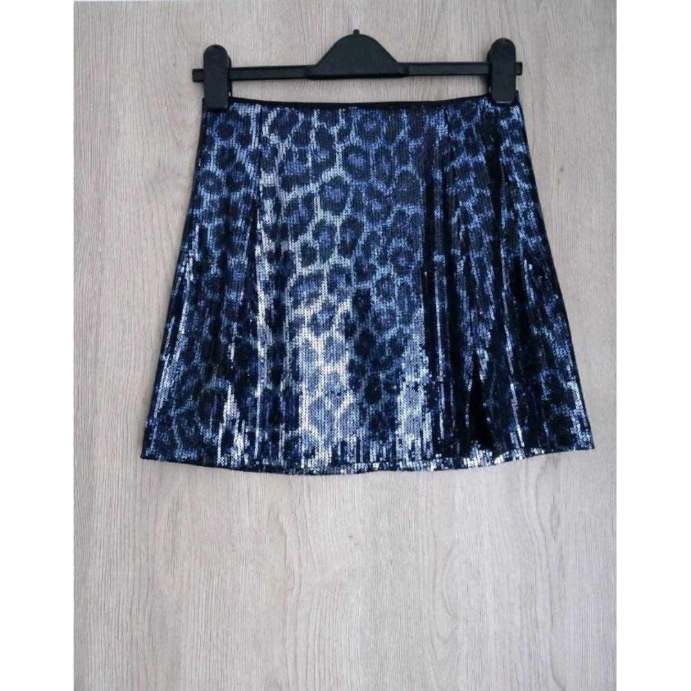 ZARA BLUE LEOPARD PRINT SEQUIN MINI SKIRT‎ SIZE L - Picture 4 of 11